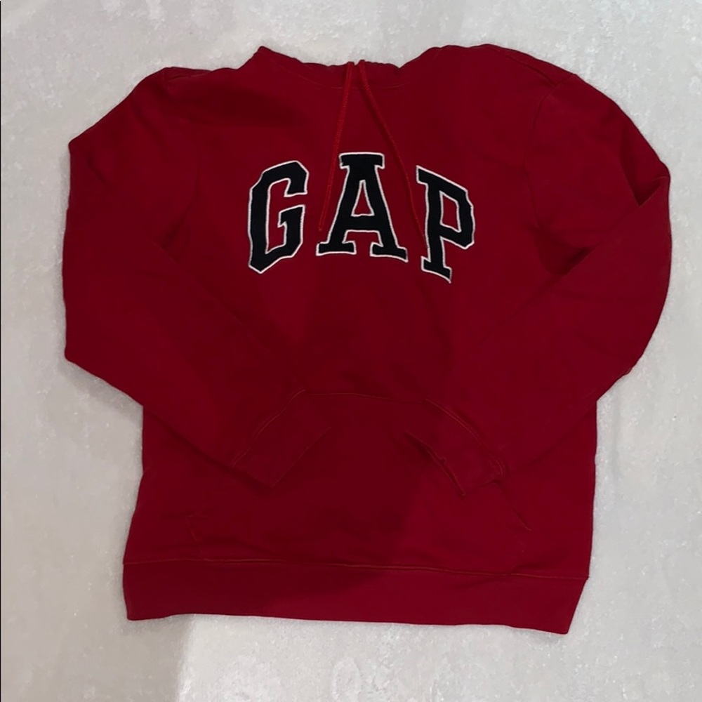 Red hooded GAP sweatshirt